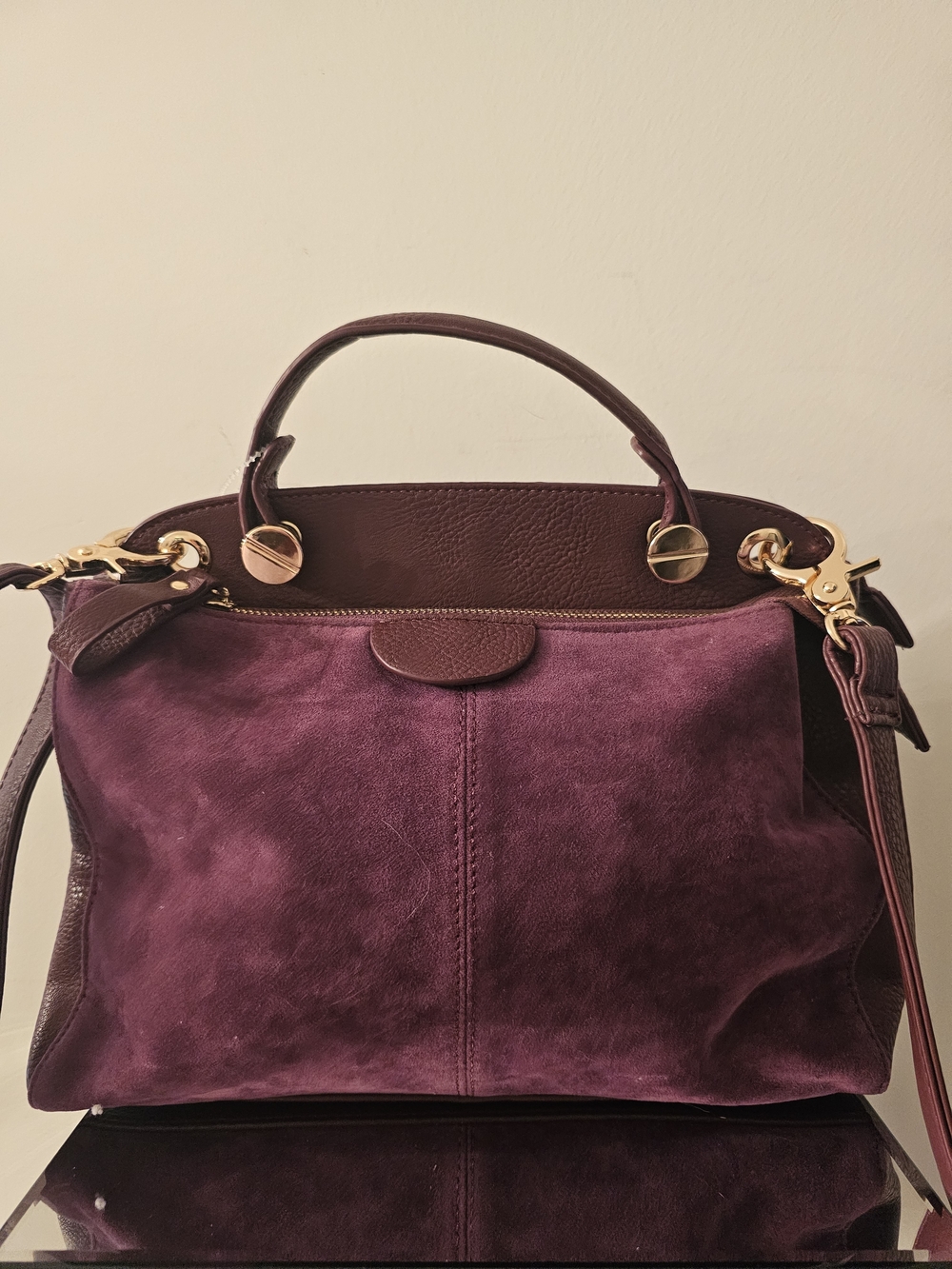 Blush Plum Suede Satchel with Gold Hardware